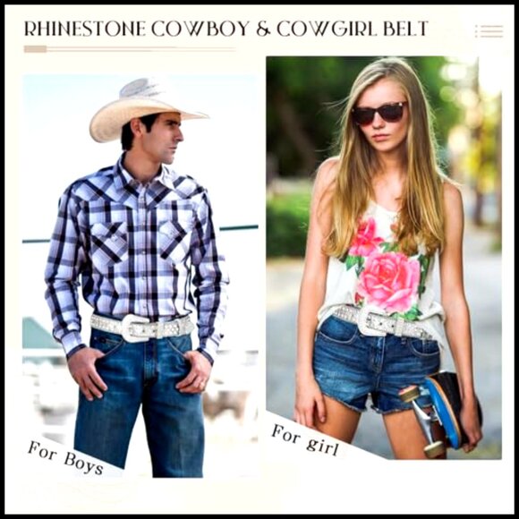 Rhinestone Studded Leather Belt Silver Buckle Unisex Cowboy Chic Fashion main image 4